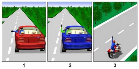 Which picture shows the driver signaling a left turn warning: